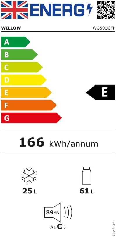 Energy label for Willow WG50UCFF under counter fridge freezer, 86L total capacity, rated E