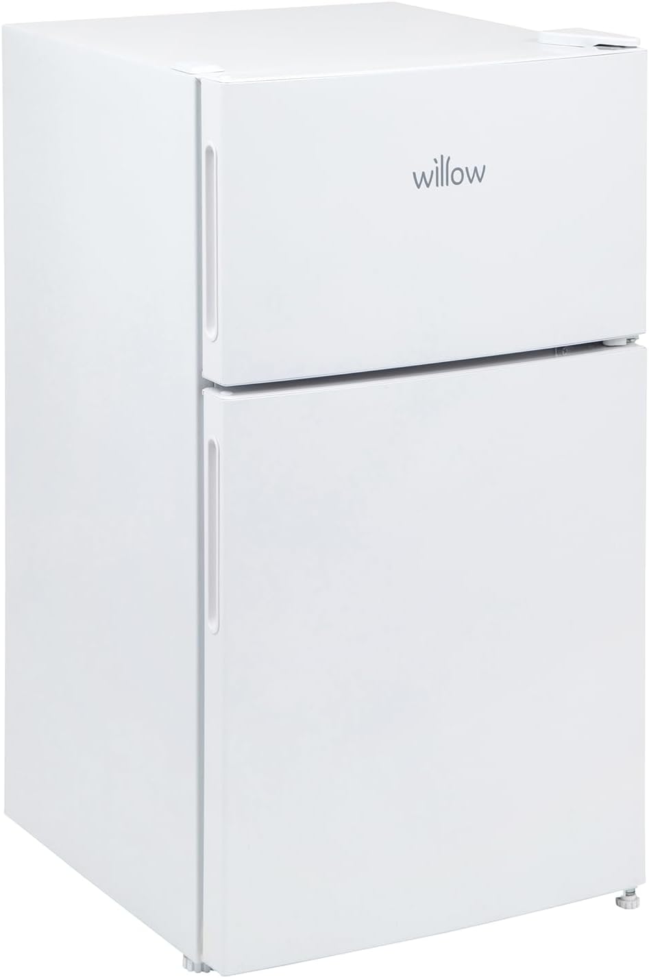 Angled perspective of Willow WW50UCFF white fridge freezer showing top freezer compartment