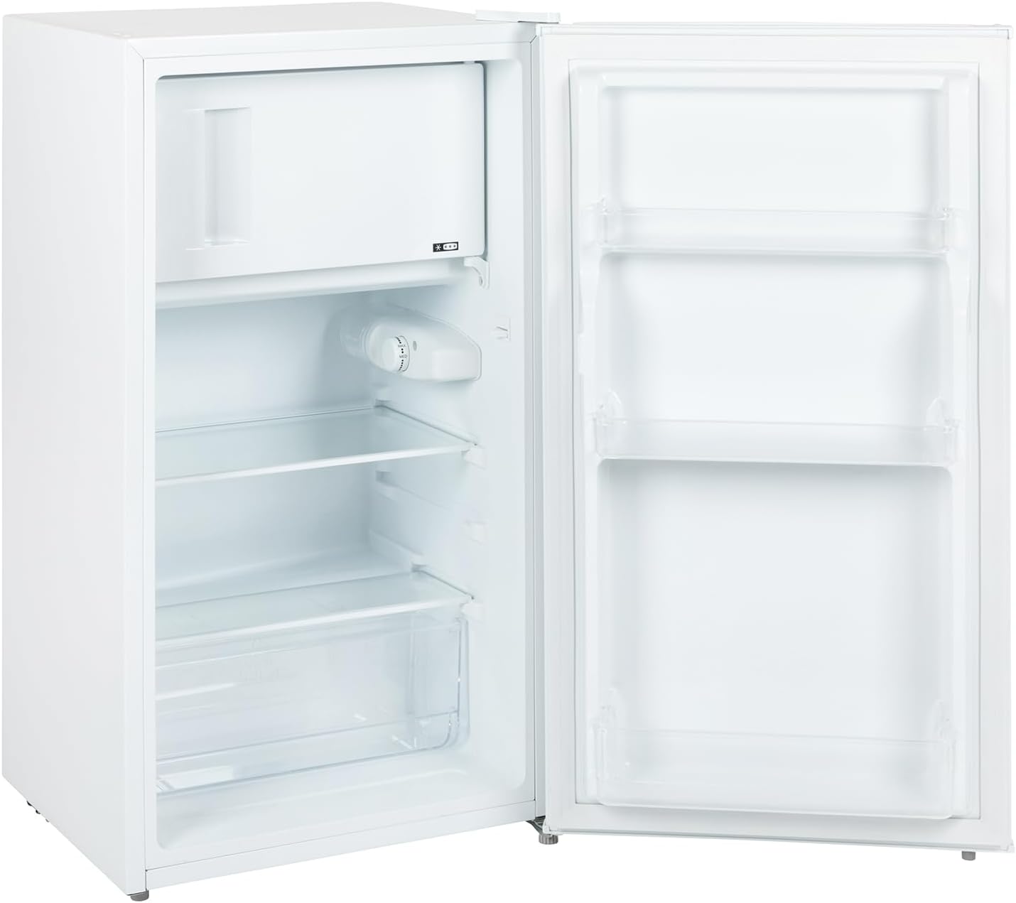 Interior view of Willow WU48FC4W fridge showing glass shelves and ice box compartment.