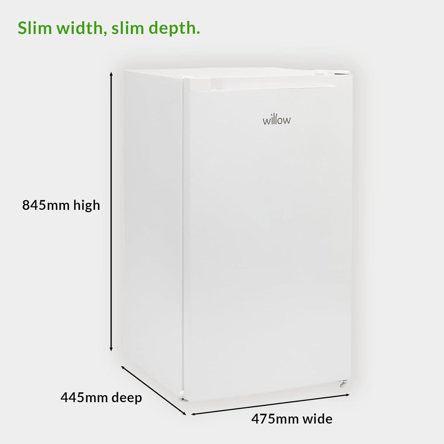 Side profile of the Willow WUCFZ48W freezer with annotated dimensions for height, width, and depth.