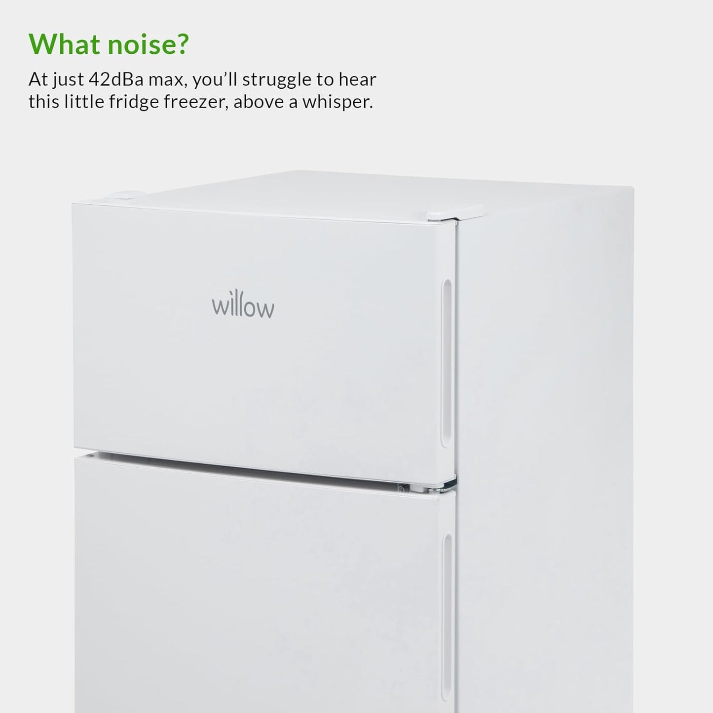 Willow WW50UCFF white fridge freezer with 86L capacity and key features highlighted