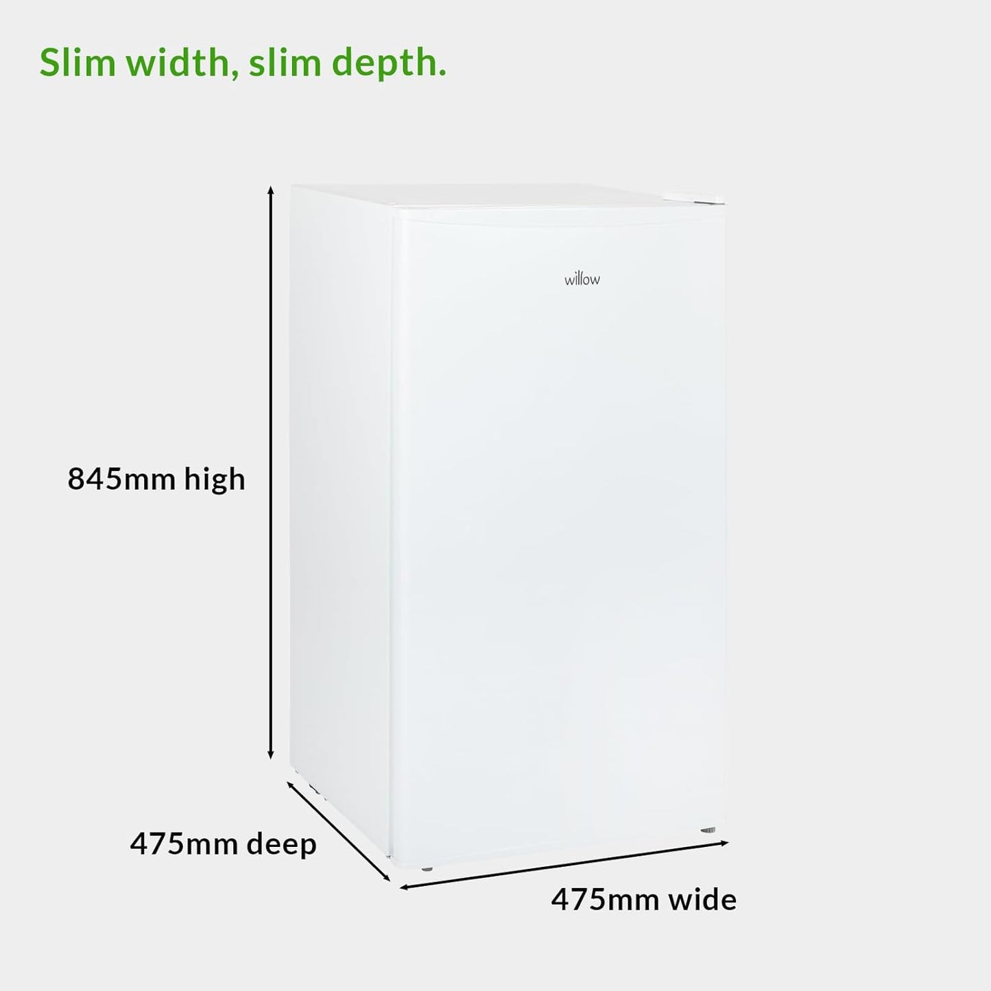 Willow WU48FC4W under counter fridge with dimensions displayed – ideal for kitchen planning.