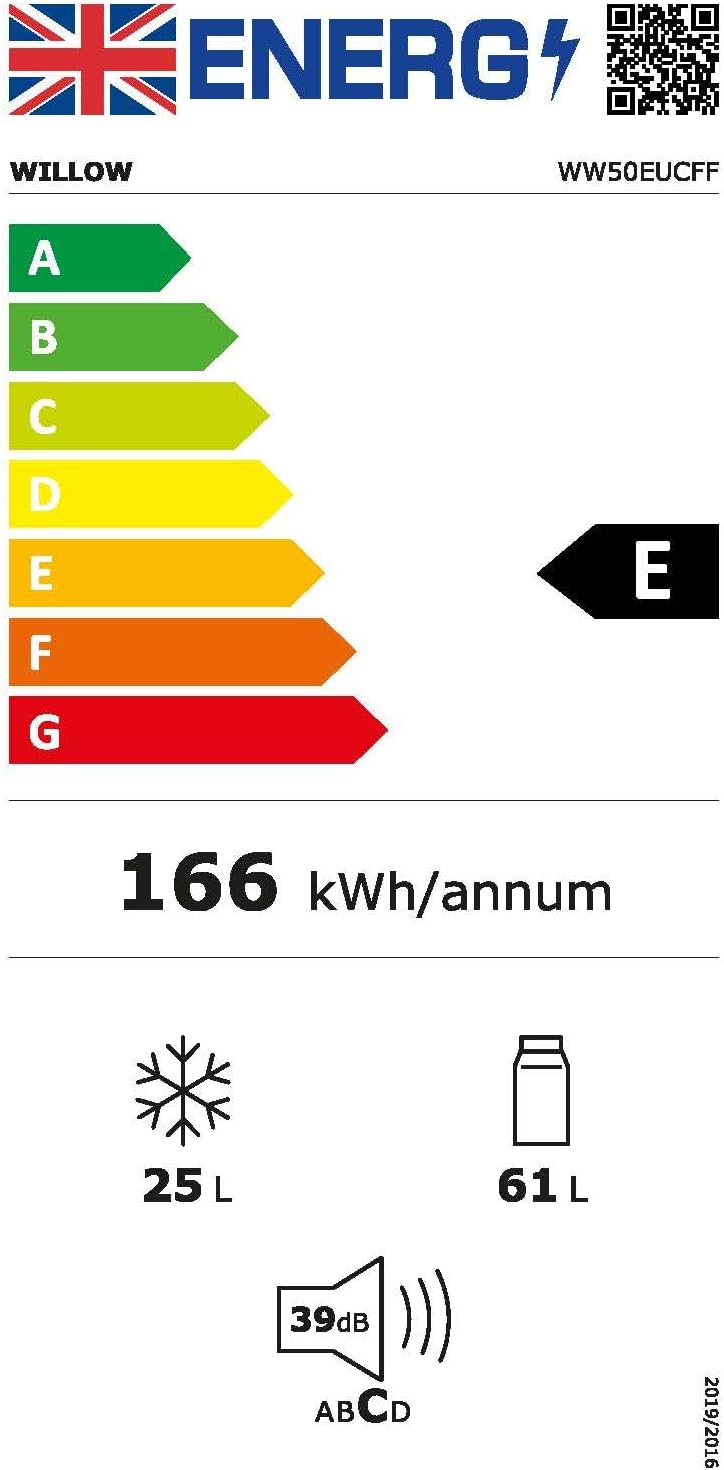 Energy efficiency label for Willow WW50UCFF fridge freezer, 86L capacity, energy class E