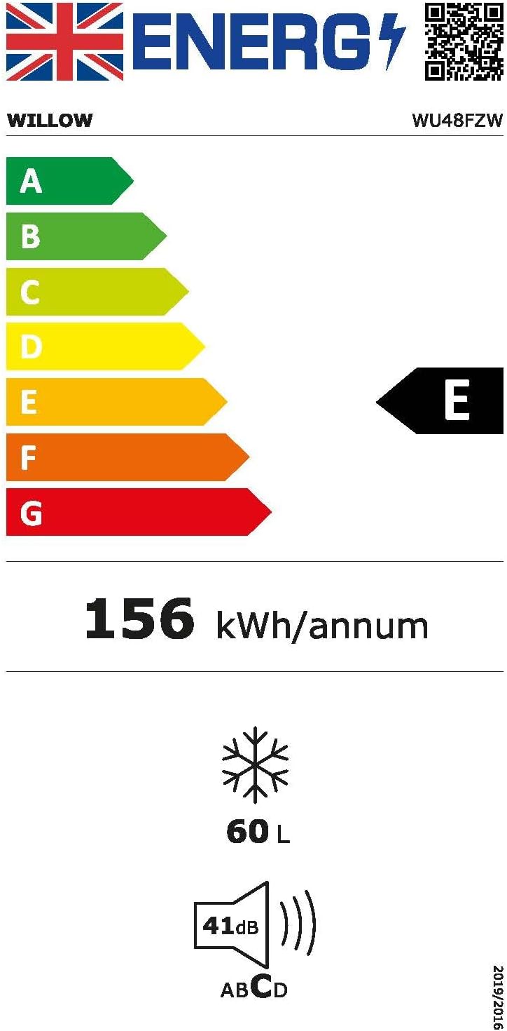 Energy efficiency label for the Willow WUCFZ48W freezer, rated E, 60L capacity.