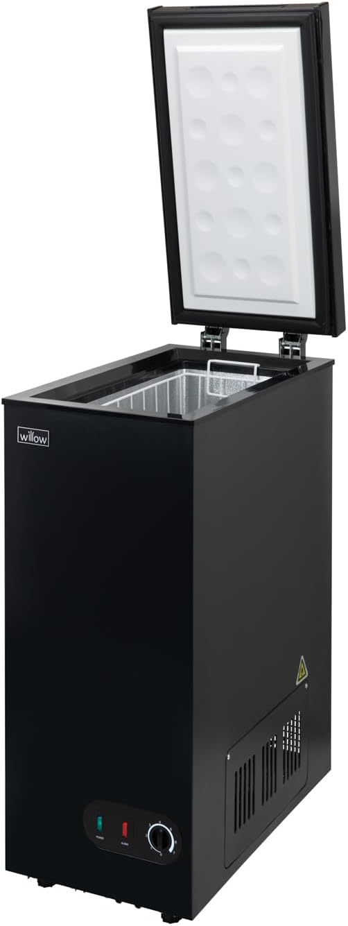 Willow WCF60B chest freezer with fully open lid displaying spacious interior.