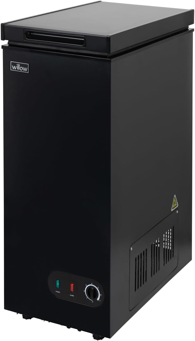 Angled side profile of the Willow WCF60B chest freezer in sleek black finish.