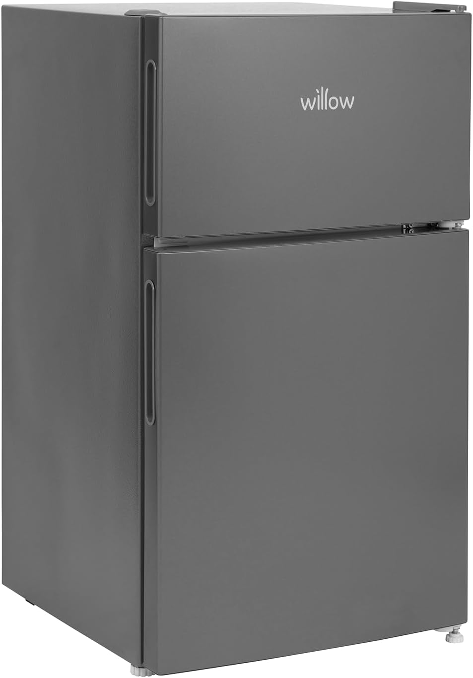 Angled view of Willow WG50UCFF fridge freezer in grey with top freezer and fridge below