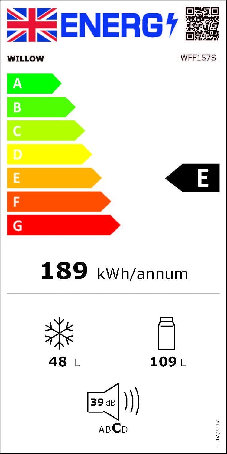 Energy label for Willow WFF157S fridge freezer – 48L freezer, 109L fridge, rated E.