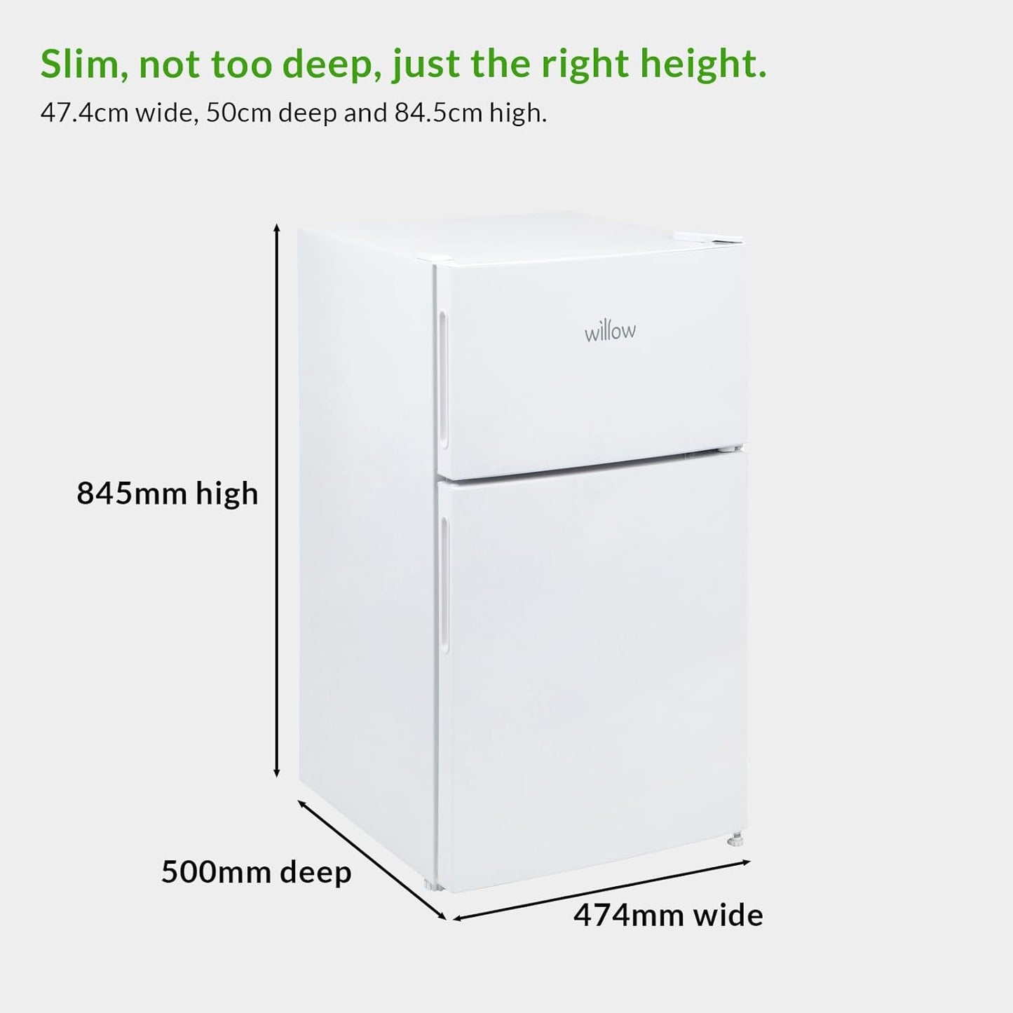 Side and rear view of Willow WW50UCFF fridge freezer displaying ventilation and dimensions