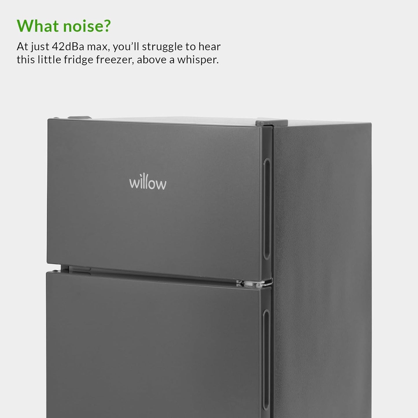 Willow WG50UCFF grey fridge freezer with spec sheet overlay highlighting 86L capacity and key features