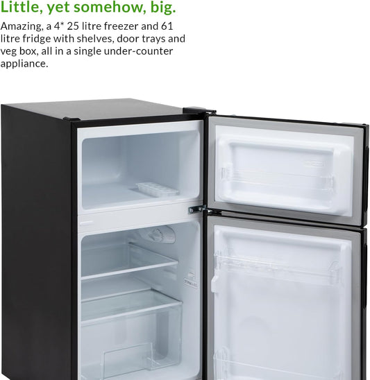 Interior view of Willow WB50UCFF fridge freezer with top freezer shelf and bottom fridge shelves