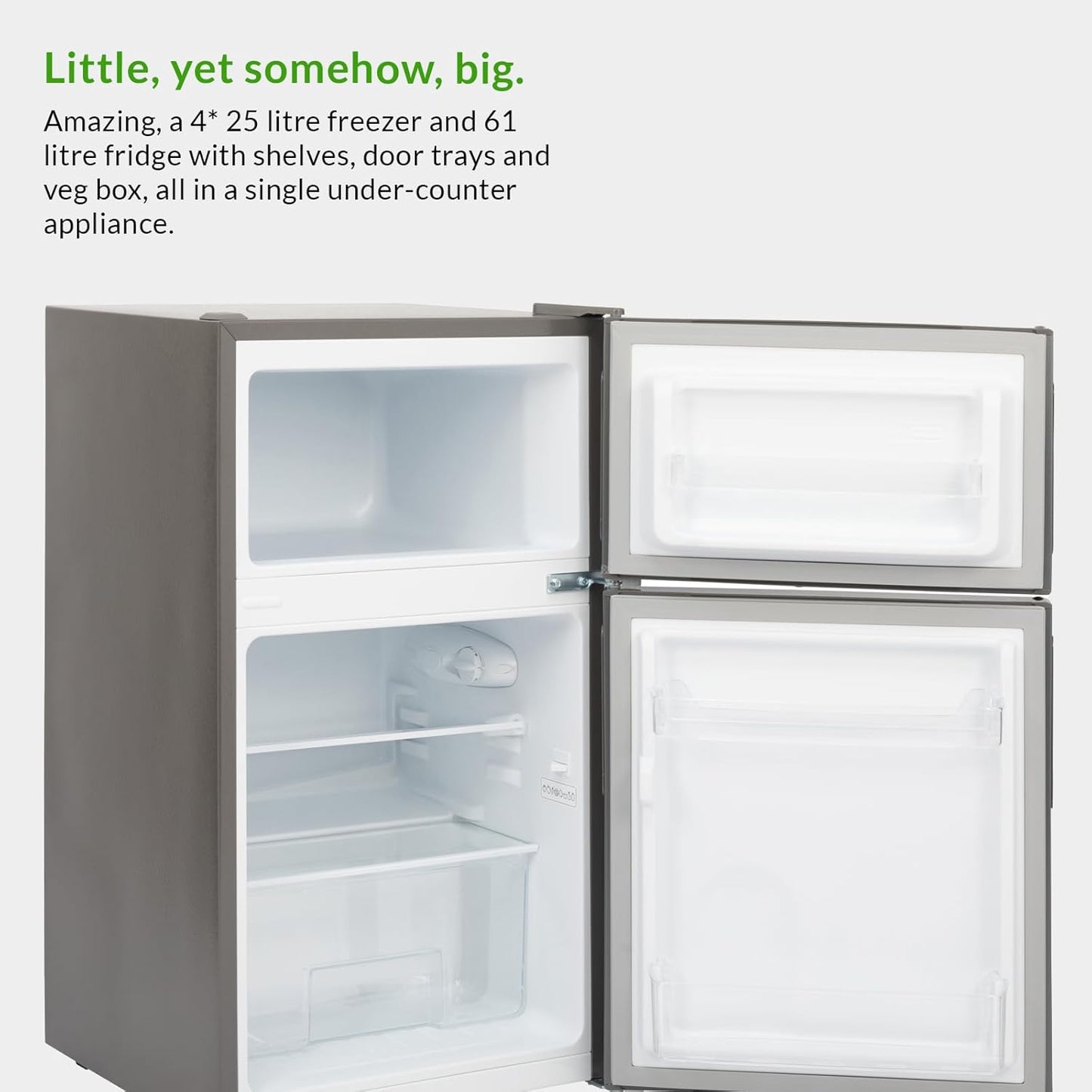 Interior of Willow WG50UCFF fridge freezer showing shelving and freezer compartment with features overlay
