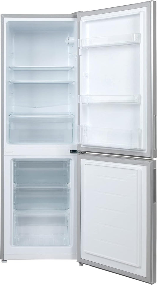 Willow WFF157S silver fridge freezer with open doors revealing shelving layout.
