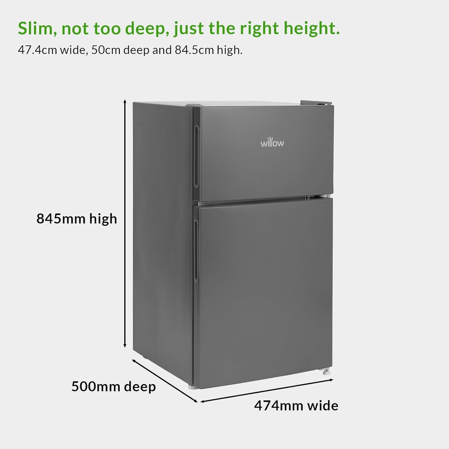 Rear and side profile of Willow WG50UCFF fridge freezer showing ventilation system and physical dimensions