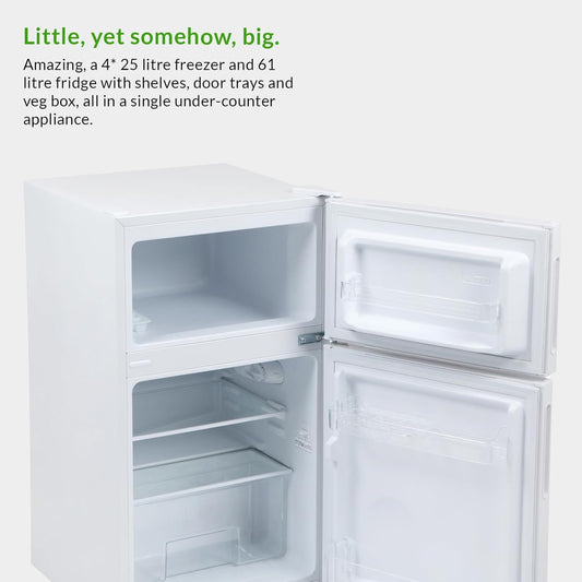 Interior view of Willow WW50UCFF fridge freezer showing shelves and freezer box