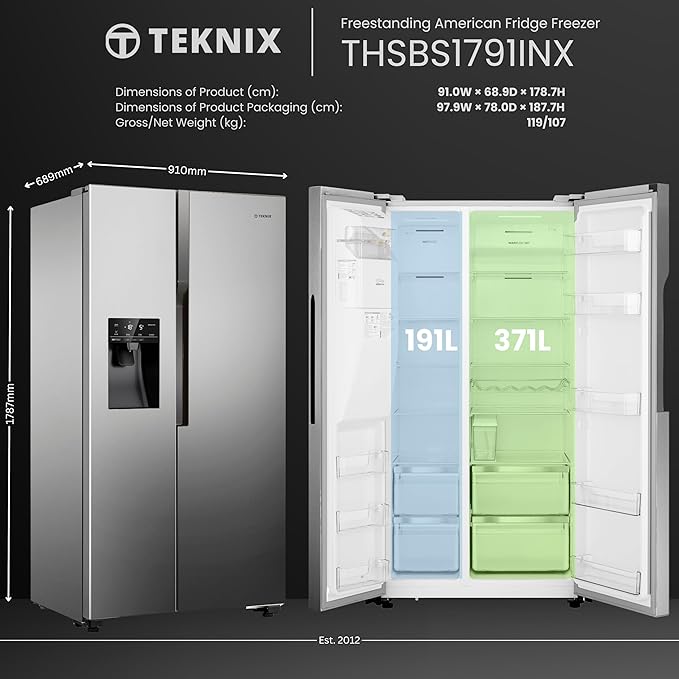 Teknix THSBS1791PLUX American Fridge Freezer Ice + Water Plumbed Inox Silver