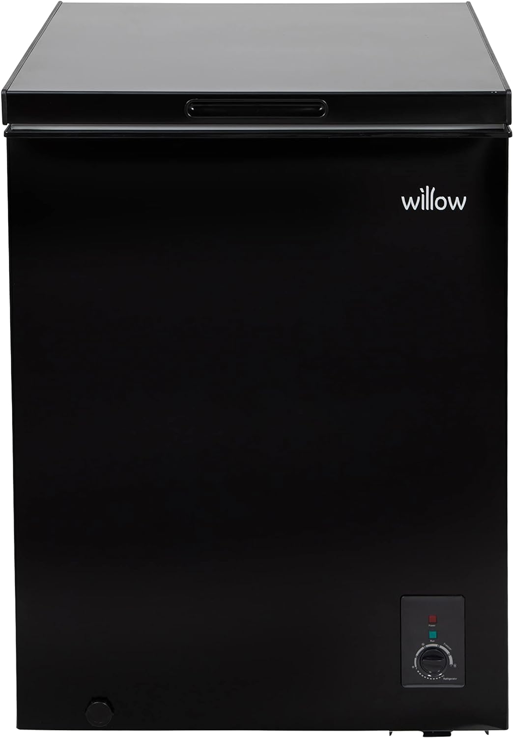 Willow W142CFB 141L Chest Freezer in black, compact design with removable storage basket, 4-star freezer rating.