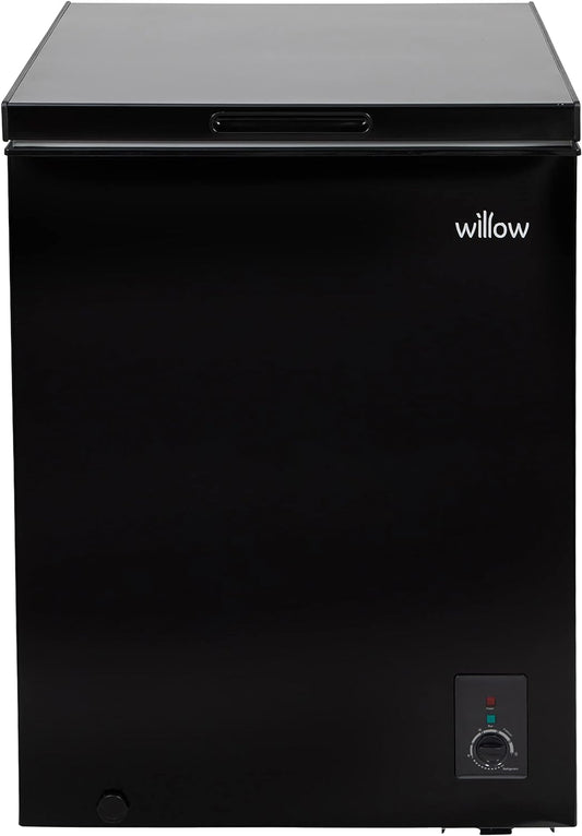 Willow W142CFB 141L Chest Freezer in black, compact design with removable storage basket, 4-star freezer rating.
