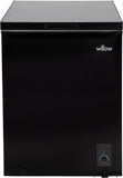 Willow W142CFB 141L Chest Freezer in black, compact design with removable storage basket, 4-star freezer rating.