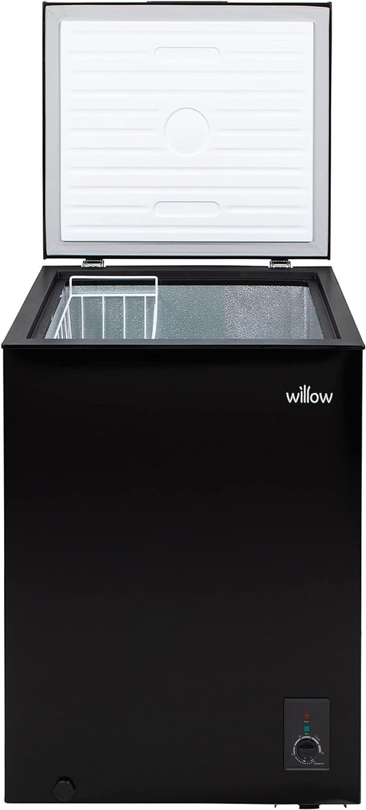 Willow W142CFB 141L chest freezer in black with open lid and removable storage basket.