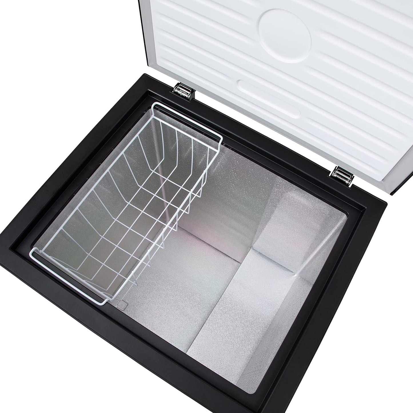 Interior view of the Willow W142CFB chest freezer showing spacious design and removable storage basket.