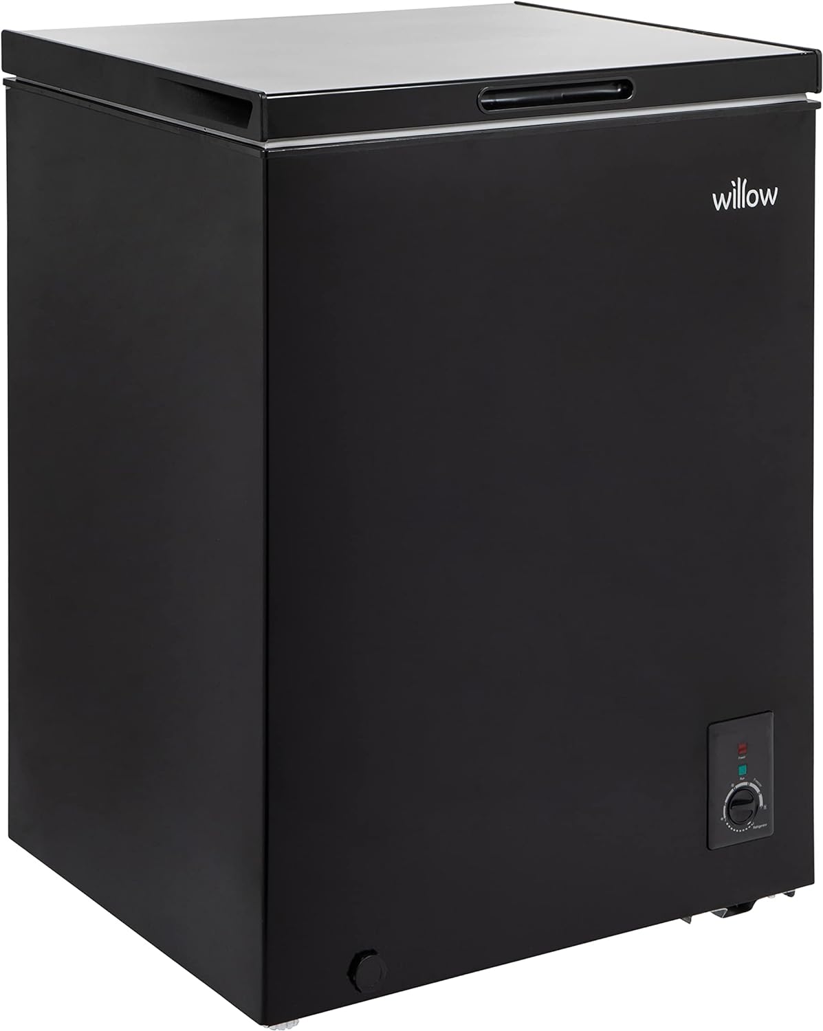 Willow W142CFB 141L chest freezer in black, featuring compact design and efficient frozen storage solution.