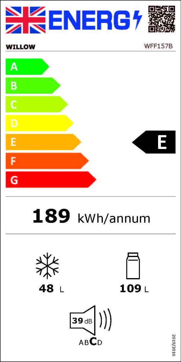 Energy label for Willow WFF157B fridge freezer with 48L freezer and 109L fridge capacity, rated E.