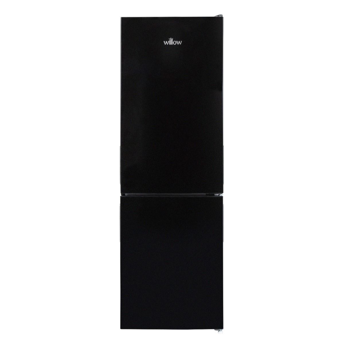Willow WFF157B 70/30 fridge freezer in black with sleek modern design and freestanding style.