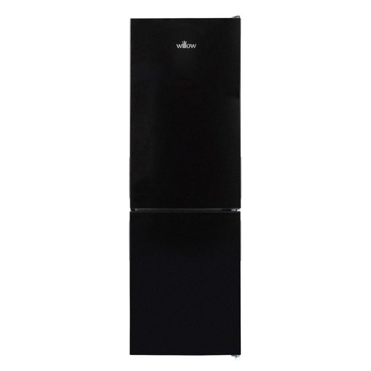 Willow WFF157B 70/30 fridge freezer in black with sleek modern design and freestanding style.