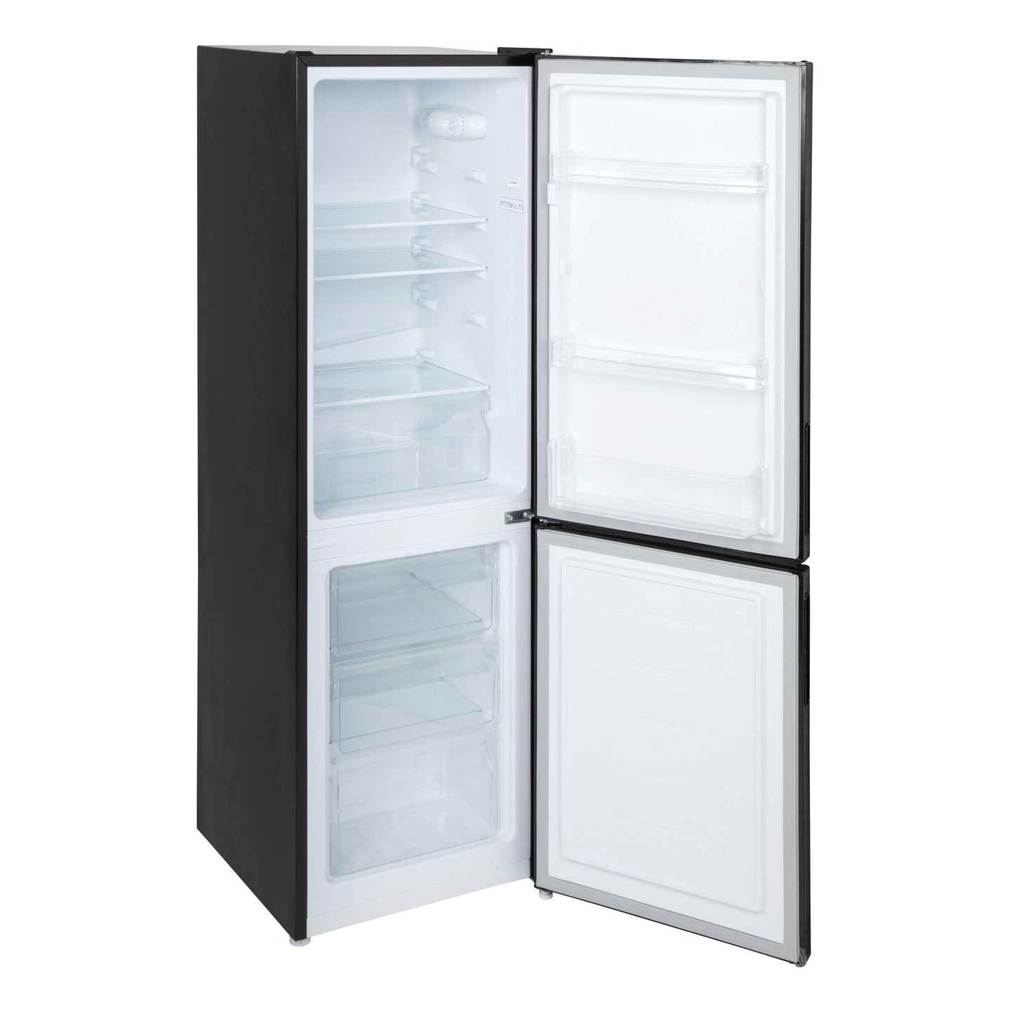 Willow WFF157B black fridge freezer with open doors, revealing refrigerator shelves and freezer drawers.