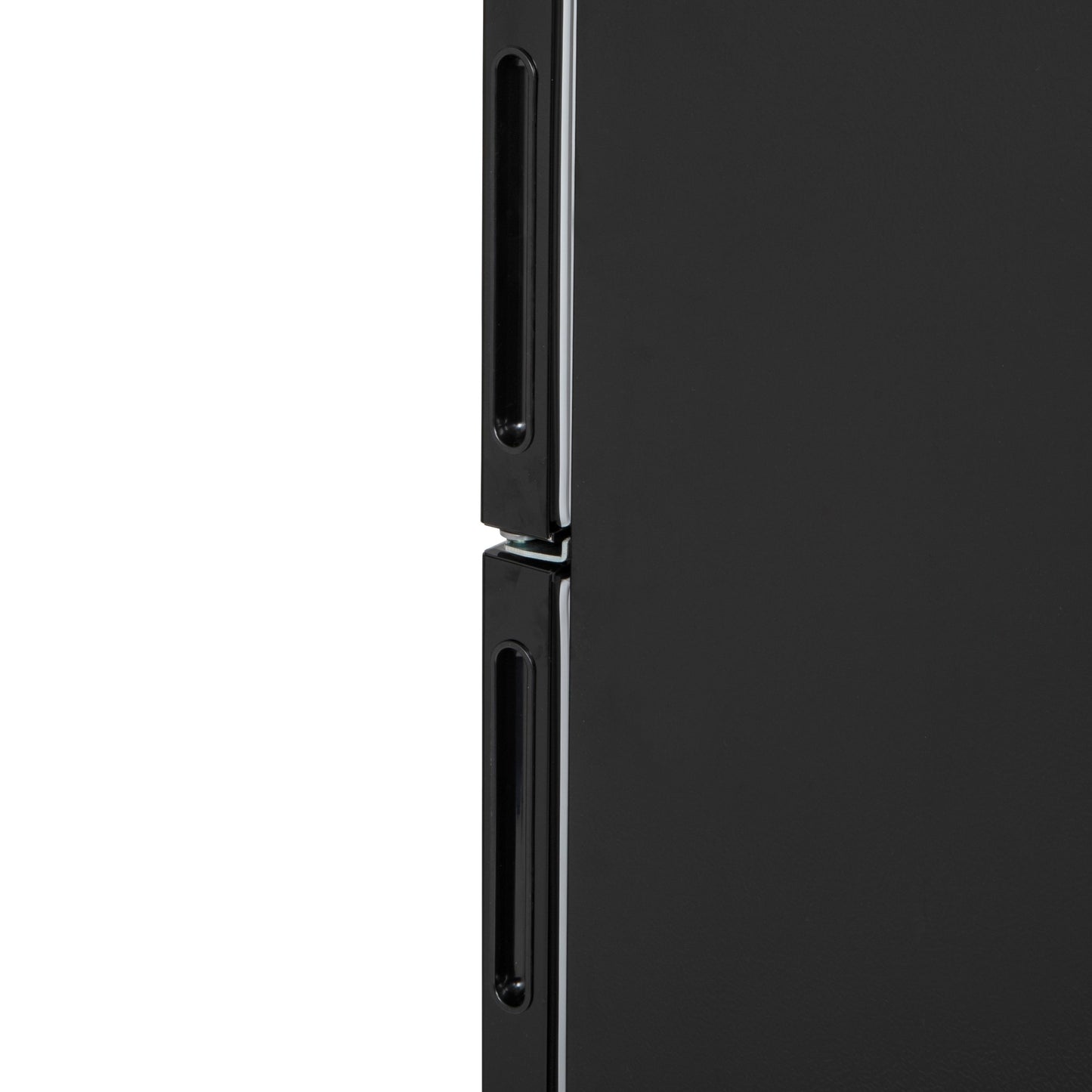 Close-up of the sleek black door design of the Willow WFF157B fridge freezer, showcasing the handles.