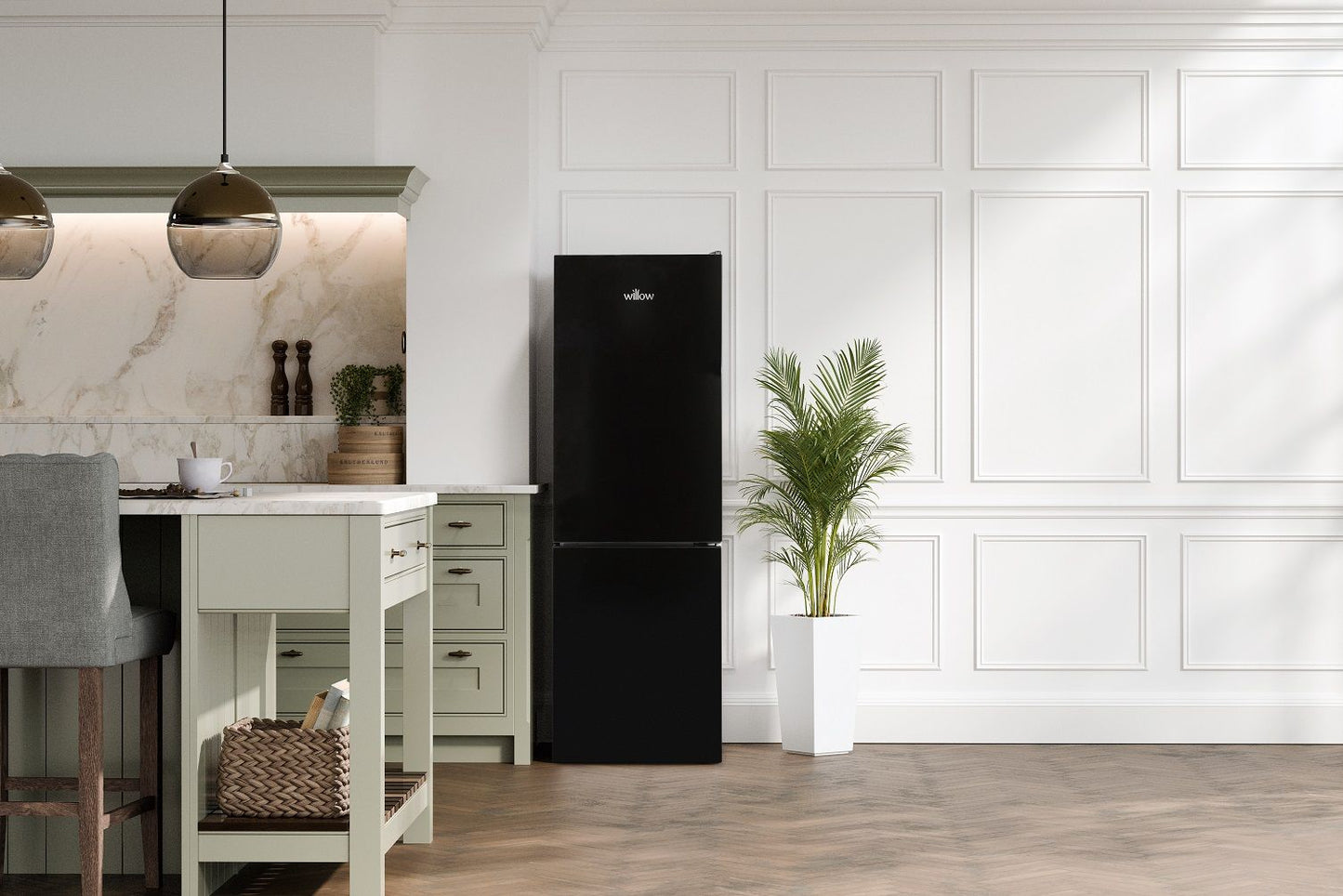Willow WFF157B freestanding 70/30 fridge freezer in modern kitchen setting.