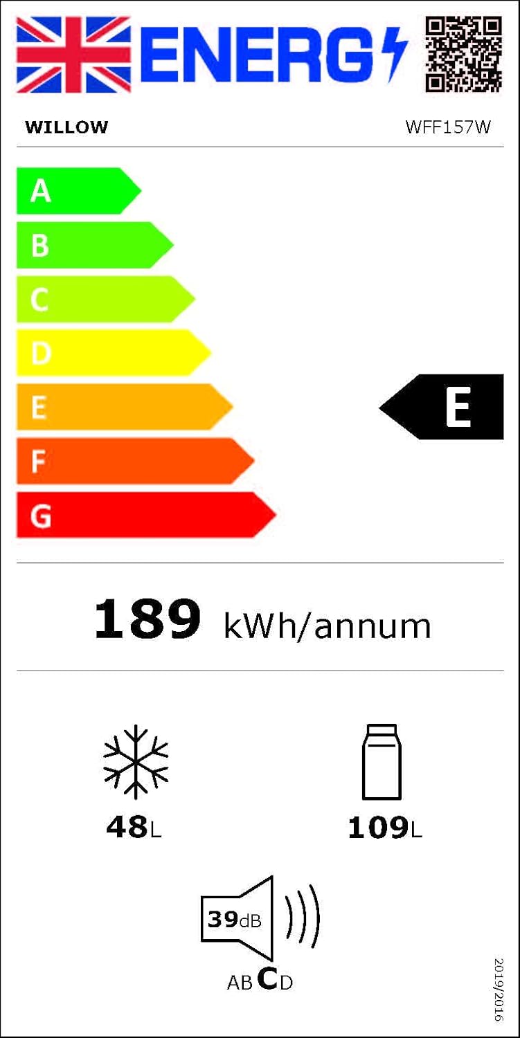 Energy rating label for Willow WFF157W fridge freezer showing E rating, 189 kWh/year, 48L freezer, 109L fridge capacity.