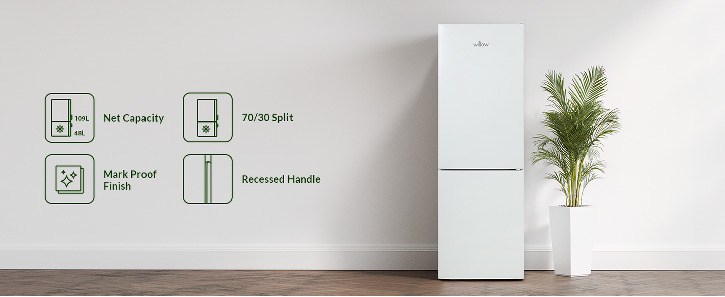Willow WFF157W 70/30 fridge freezer with net capacity details and modern design in a bright room.