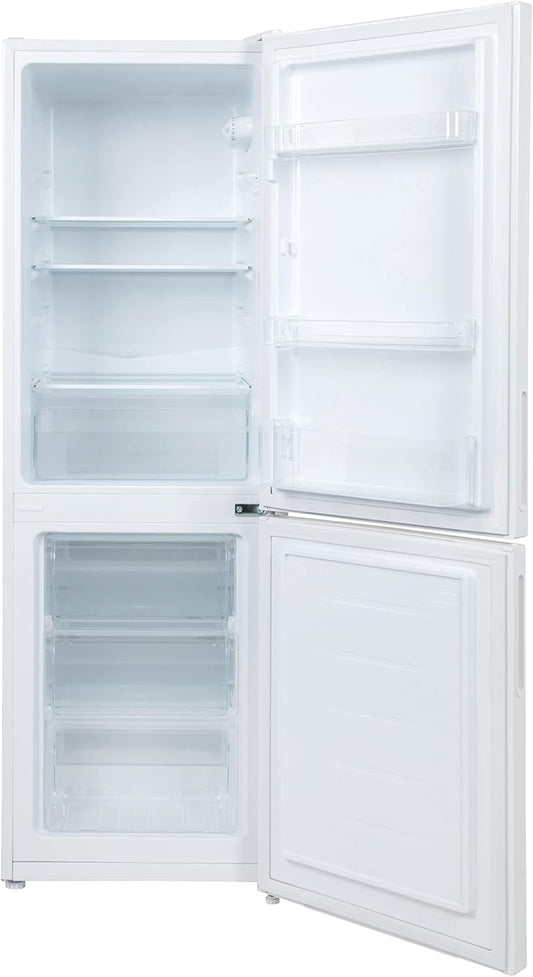 Willow WFF157W 70/30 fridge freezer open, showcasing 3 glass shelves and 3 freezer drawers in white.