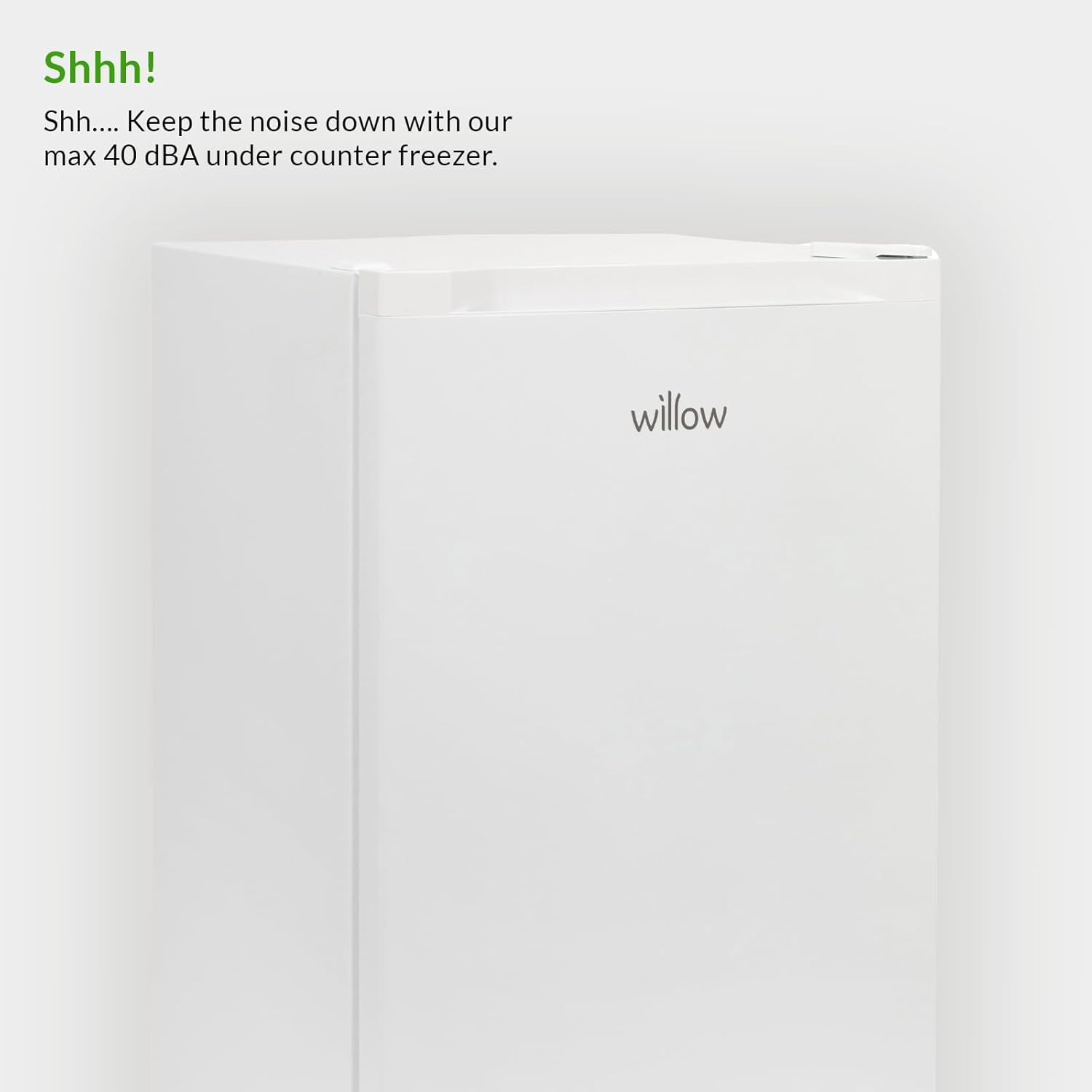 Willow WUCFZ48W white under counter freezer with energy label sticker on door.