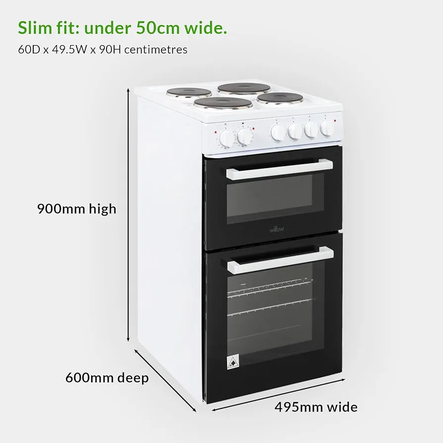 Willow WE50TSW 62L Freestanding Electric Cooker, 50cm Wide Twin Cavity Cooker with Solid 4 Plate Hob, 31L Capacity Grill Cavity, 2 Year Warranty - White