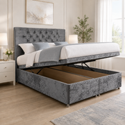 Ottoman Bed Grey gas-lift storage open — illustrative; mattress sold separately