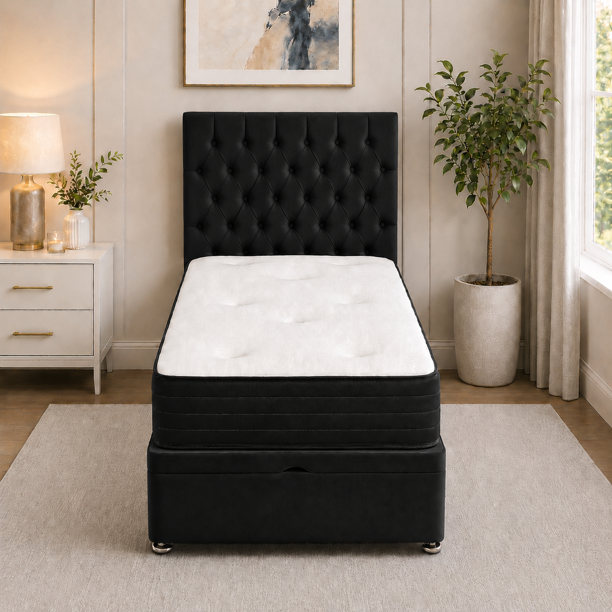 Ottoman Bed Single Button Plush Black front