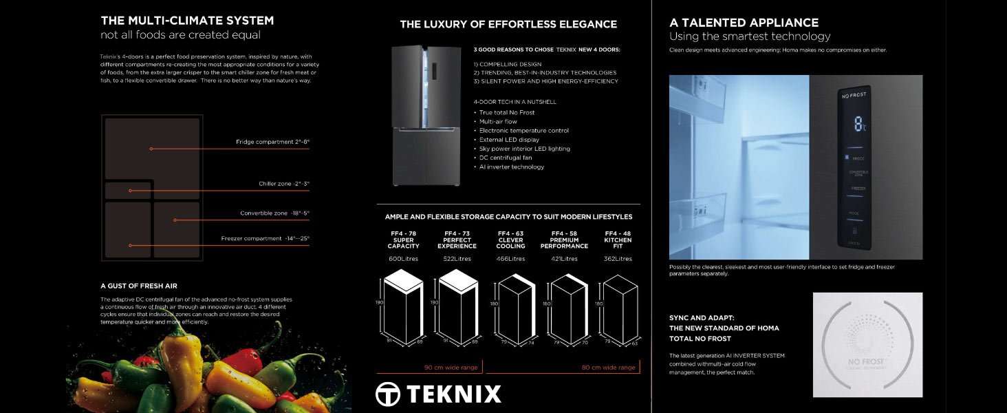 Teknix TMD19091SIBI 505L Multi-Door French Style Fridge Freezer 599 Teknix