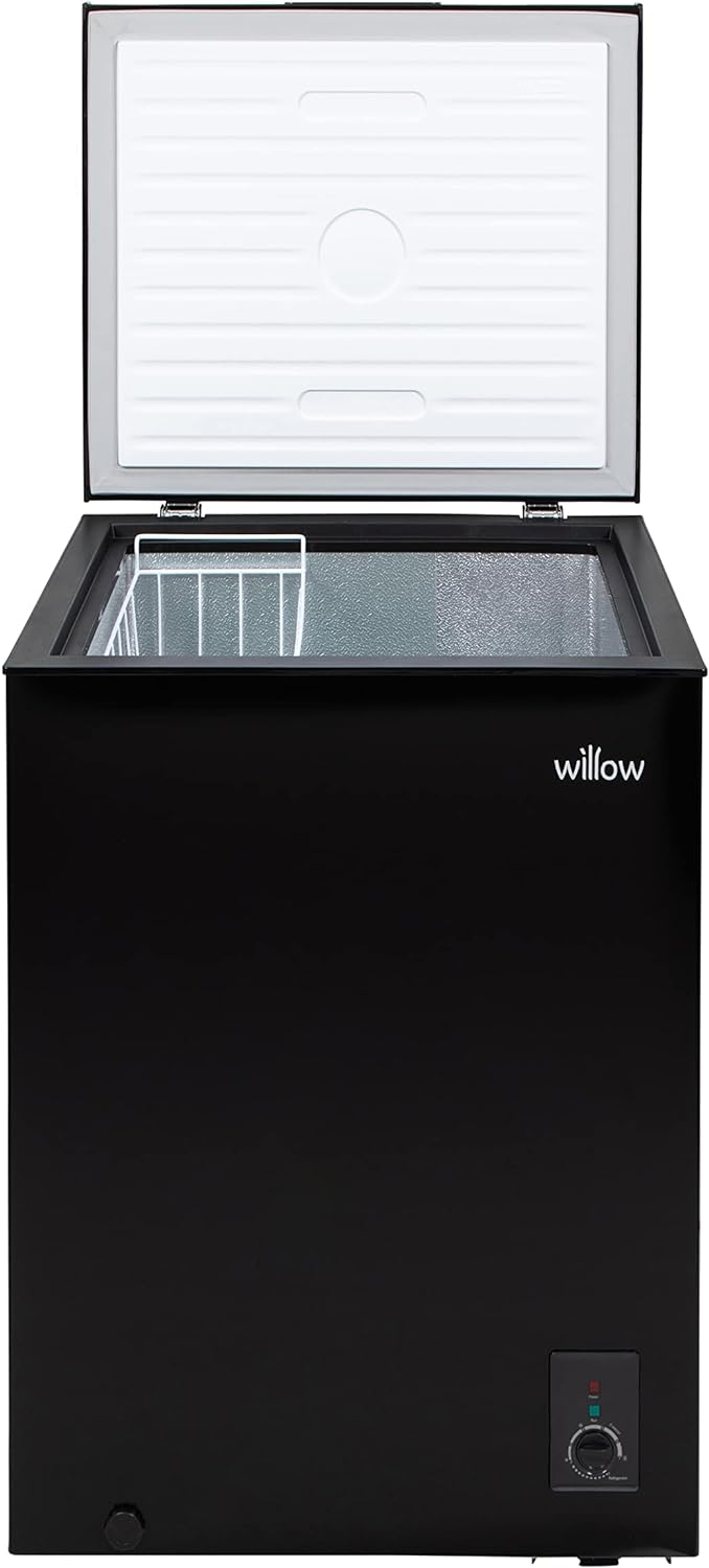 Willow W142CFB 141L chest freezer in black with open lid and removable storage basket.