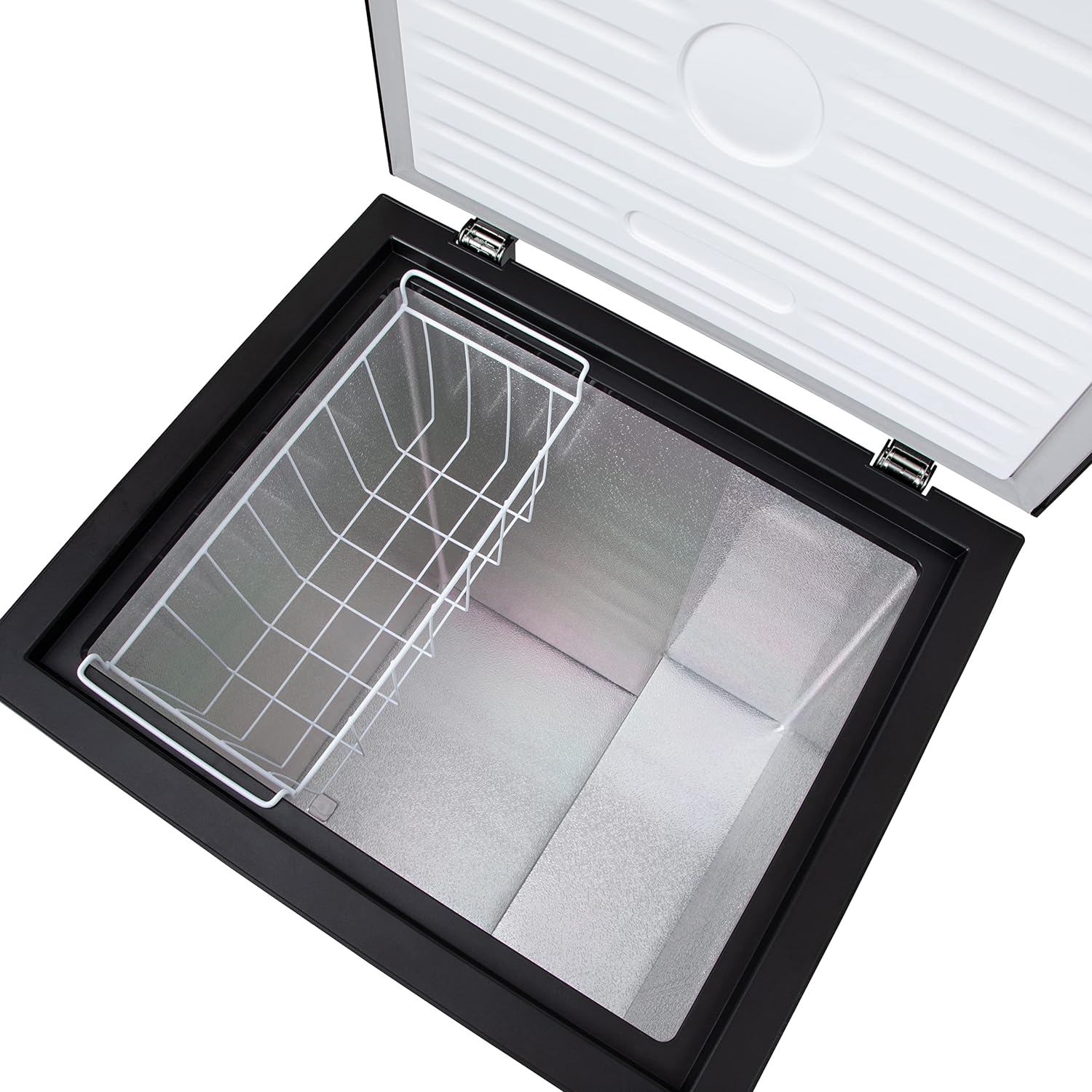 Interior view of the Willow W142CFB chest freezer showing spacious design and removable storage basket.