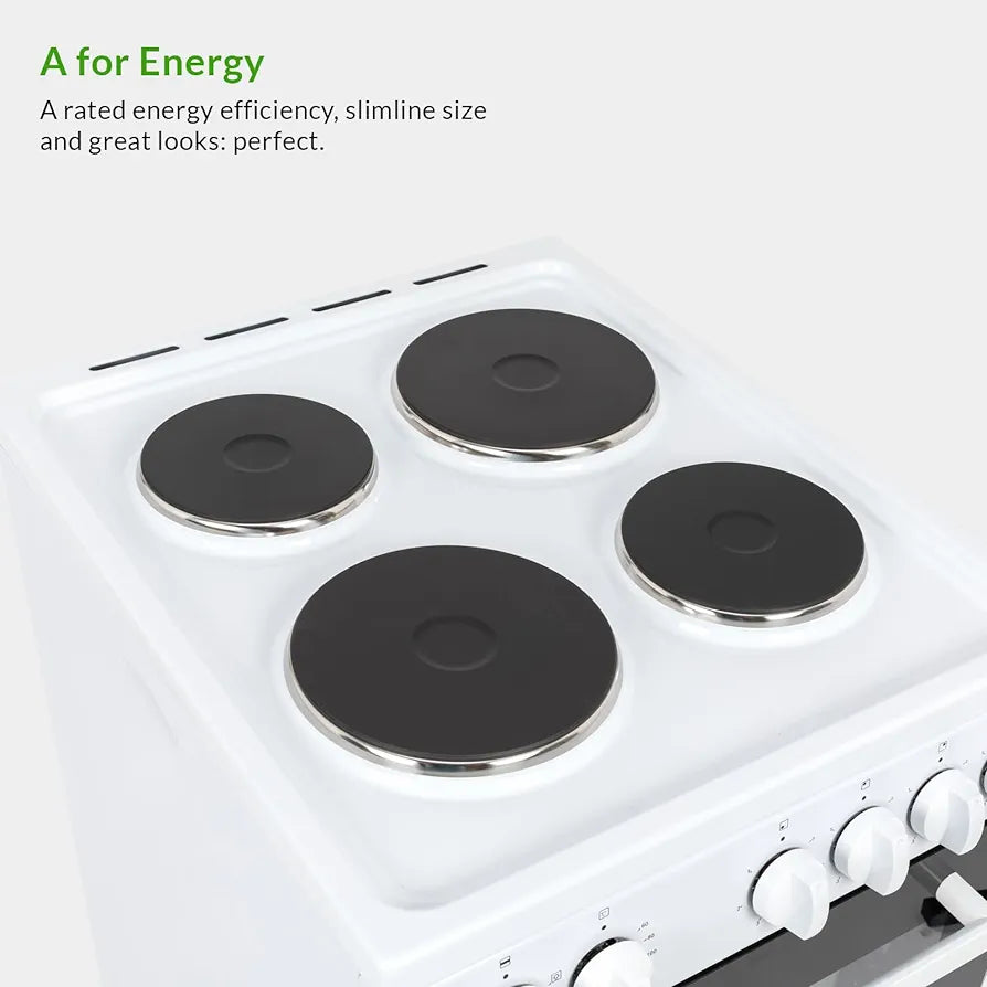 Willow WE50SSW 62L Freestanding Electric Cooker, 50cm Wide Single Cavity Cooker with Solid 4 Zone Plate Hob, 2 Year Warranty - White