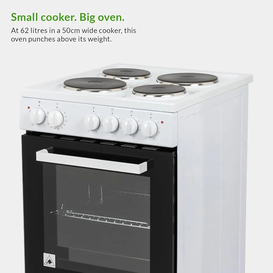 Willow WE50SSW 62L Freestanding Electric Cooker, 50cm Wide Single Cavity Cooker with Solid 4 Zone Plate Hob, 2 Year Warranty - White