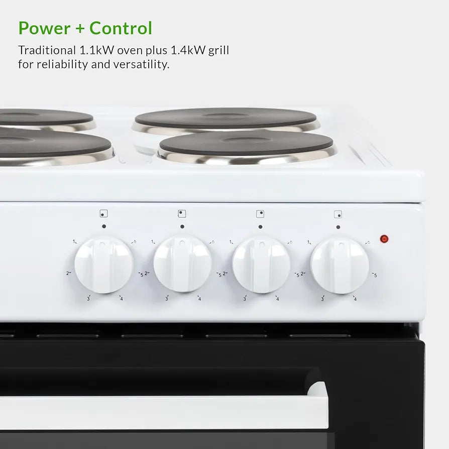 Willow WE50SSW 62L Freestanding Electric Cooker, 50cm Wide Single Cavity Cooker with Solid 4 Zone Plate Hob, 2 Year Warranty - White