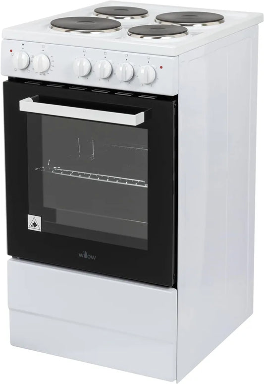 Willow WE50SSW 62L Freestanding Electric Cooker, 50cm Wide Single Cavity Cooker with Solid 4 Zone Plate Hob, 2 Year Warranty - White