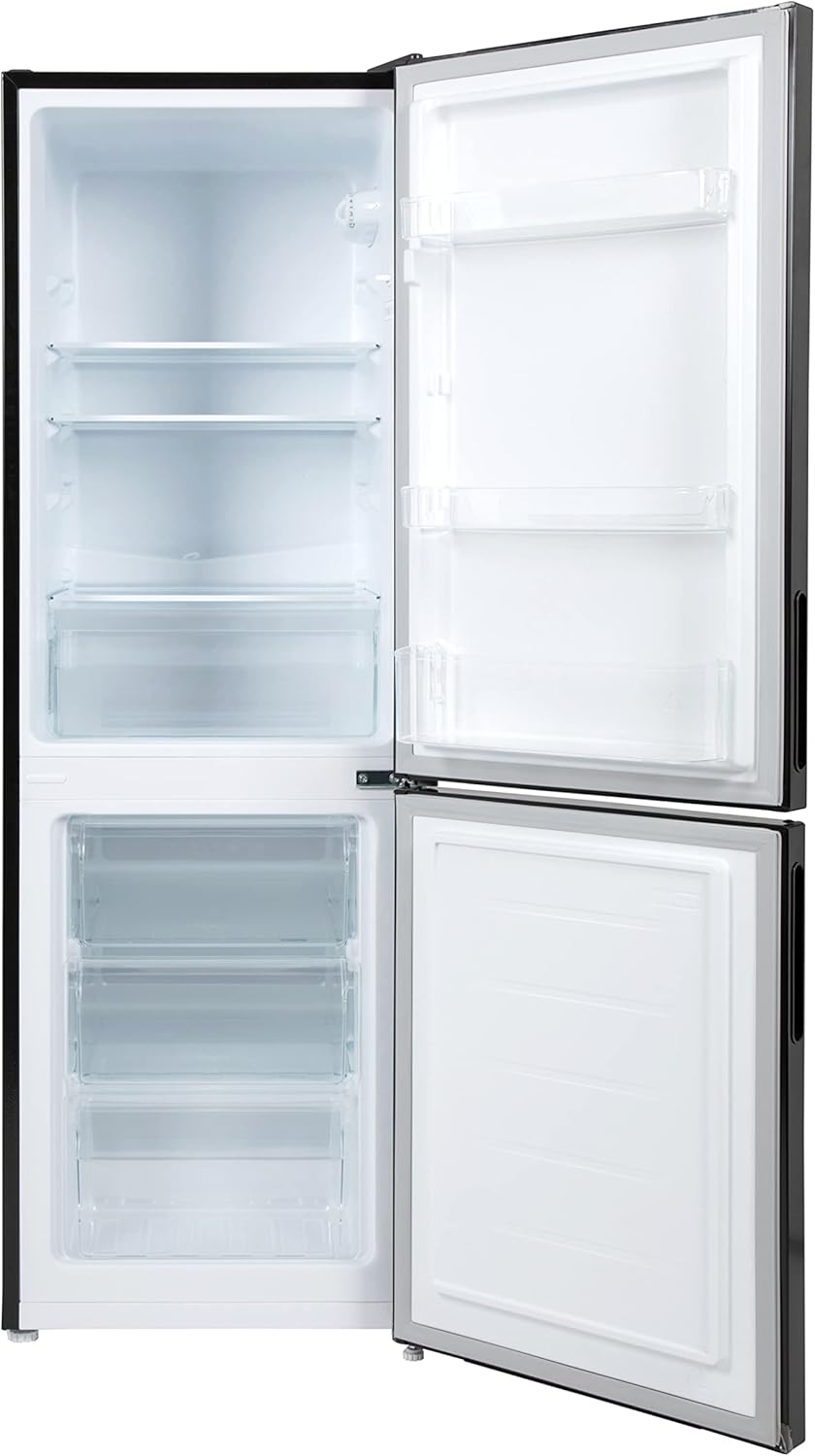 Interior view of the Willow WFF157B freestanding fridge freezer with glass shelves and freezer drawers.