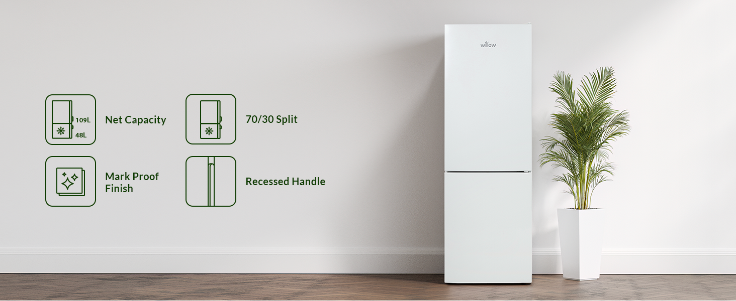 Willow WFF157W 70/30 fridge freezer with net capacity details and modern design in a bright room.