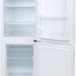Willow WFF157W 70/30 fridge freezer open, showcasing 3 glass shelves and 3 freezer drawers in white.