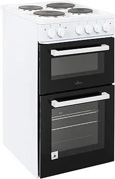 Willow WE50TSW 62L Freestanding Electric Cooker, 50cm Wide Twin Cavity Cooker with Solid 4 Plate Hob, 31L Capacity Grill Cavity, 2 Year Warranty - White